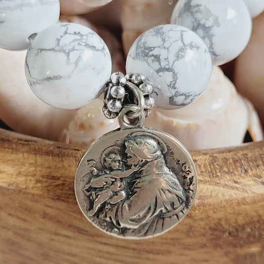 White Howlite 10mm Beaded Bracelet w/ Silver Plated Signed Medal of St. Anthony