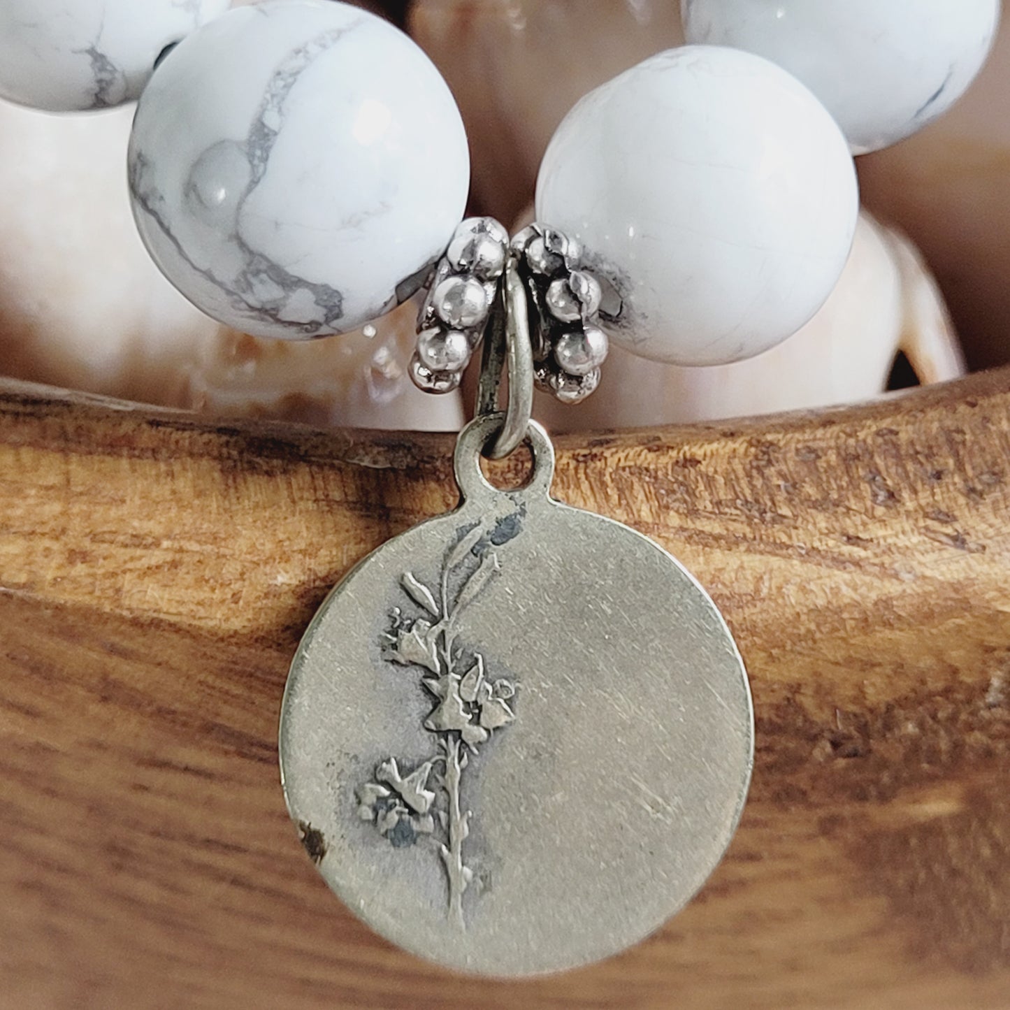 White Howlite 10mm Beaded Bracelet w/ Silver Plated Signed Medal of St. Anthony