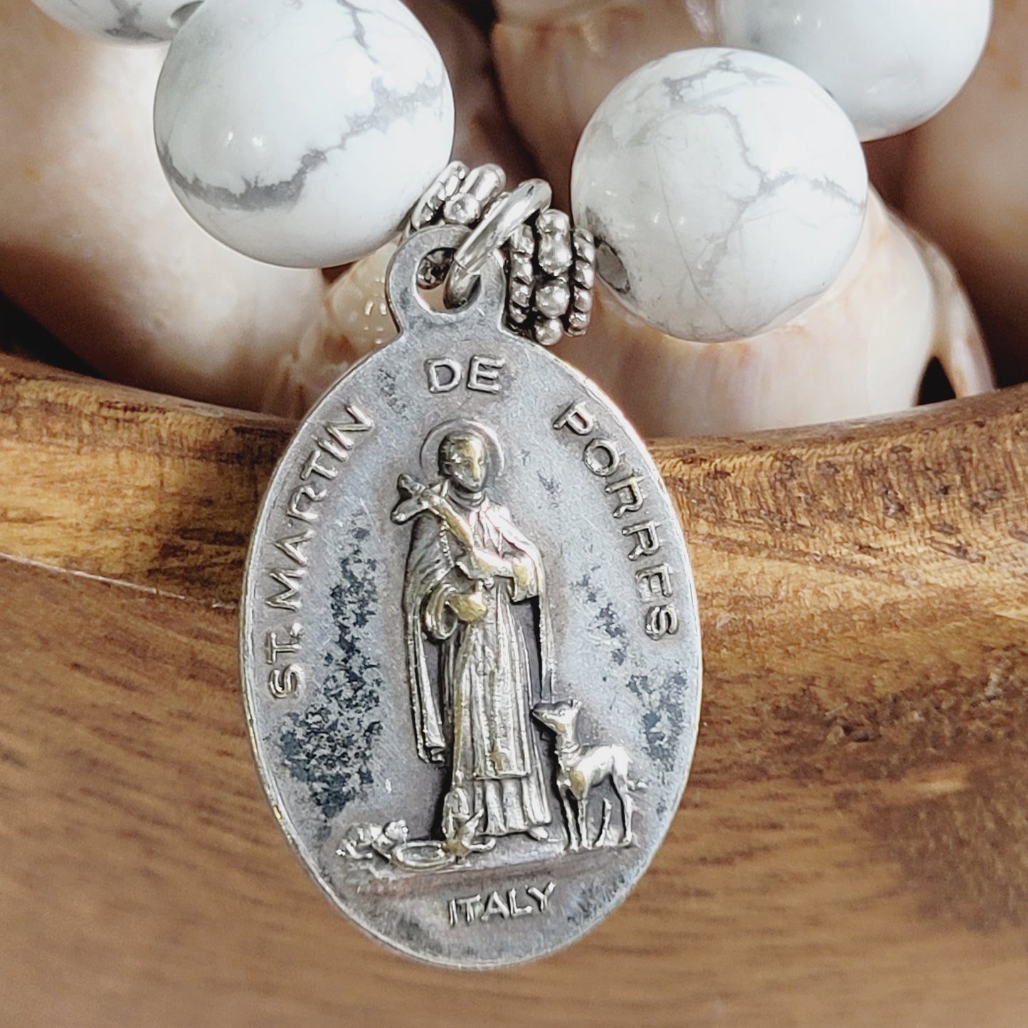 White Howlite 10mm Beaded Bracelet w/ Silver Plated Signed medal of St. Raphael and St. Martin of Porres