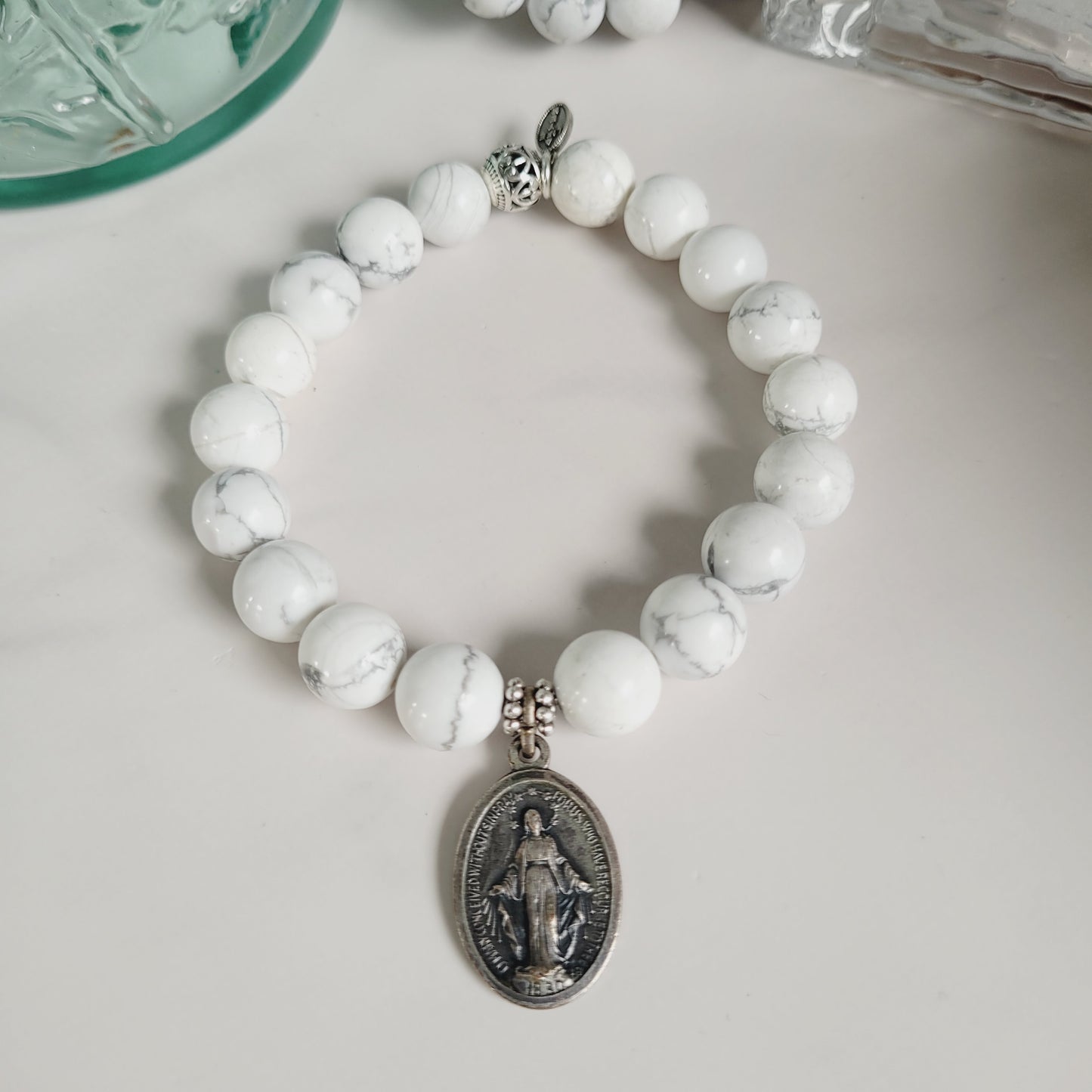 White Howlite 10mm Beaded Bracelet w/ Silver Plated Miraculous Medal from Italy