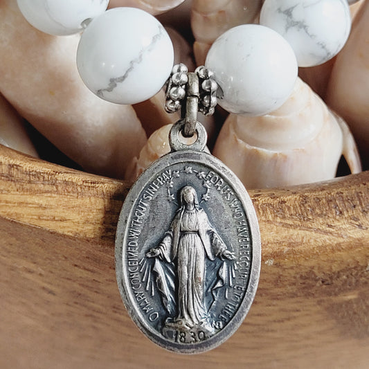 White Howlite 10mm Beaded Bracelet w/ Silver Plated Miraculous Medal from Italy