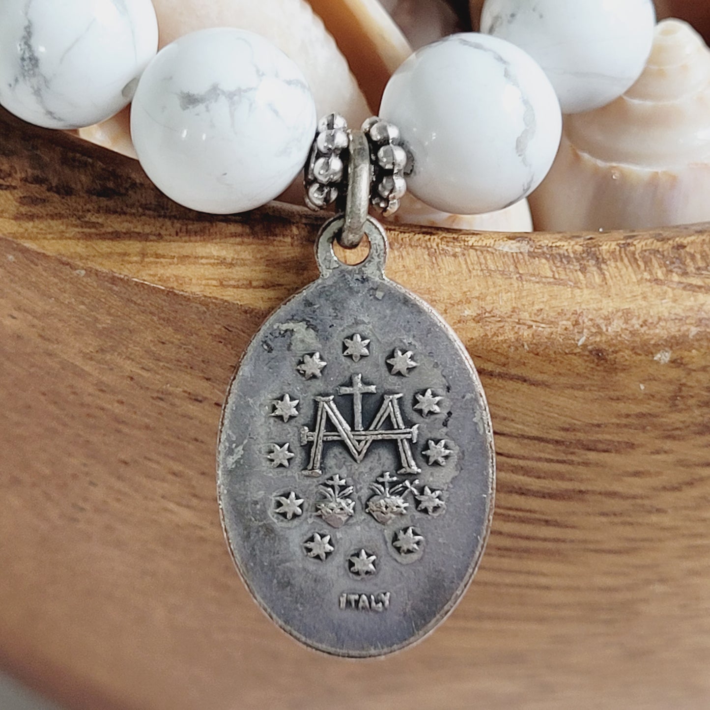 White Howlite 10mm Beaded Bracelet w/ Silver Plated Miraculous Medal from Italy