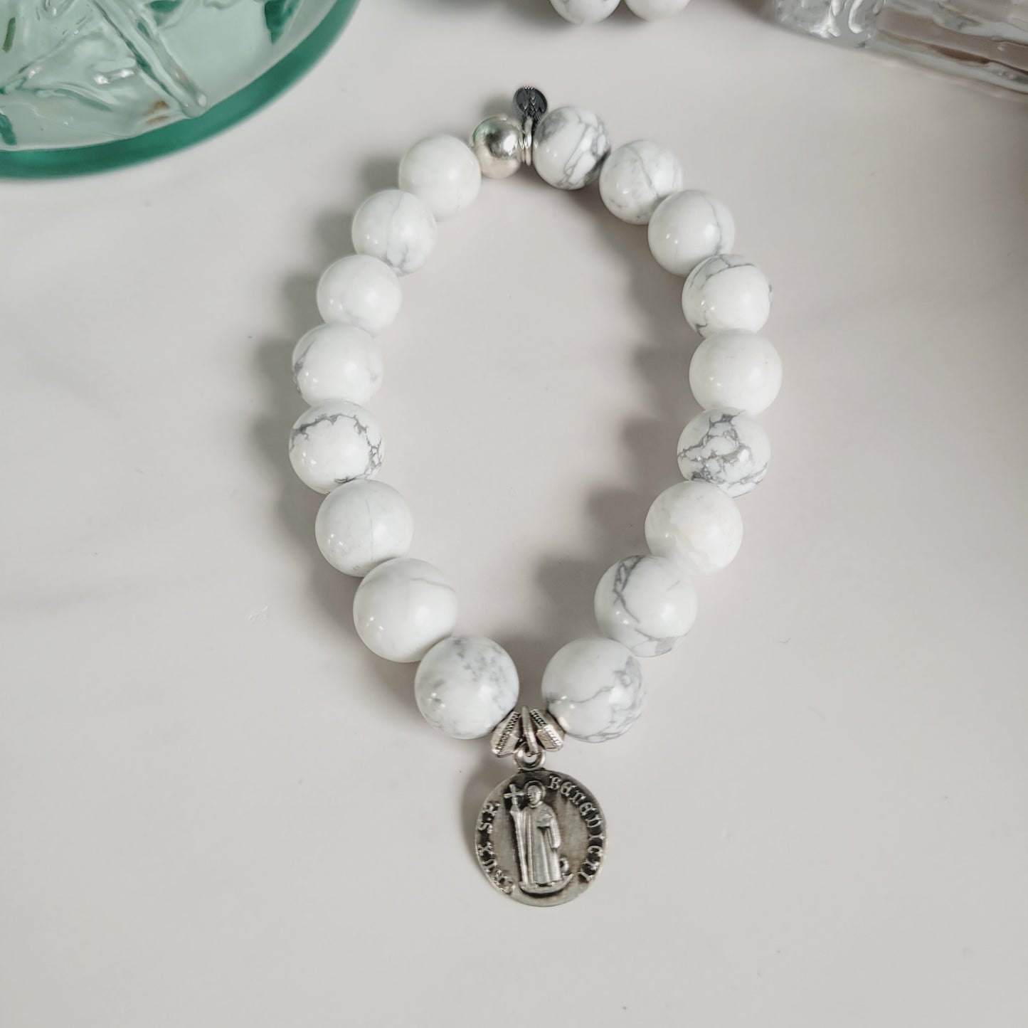 White Howlite 10mm Beaded Bracelet w/ Silver Plated Medal of St. Benedict of Nursia