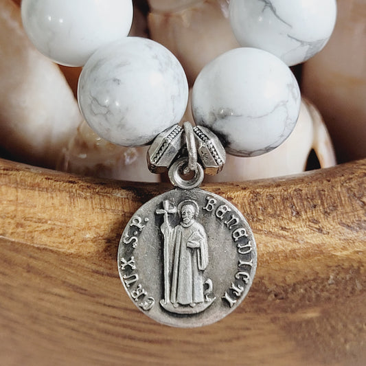 White Howlite 10mm Beaded Bracelet w/ Silver Plated Medal of St. Benedict of Nursia