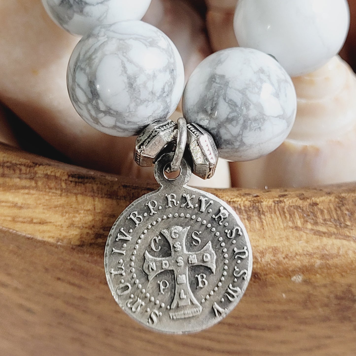 White Howlite 10mm Beaded Bracelet w/ Silver Plated Medal of St. Benedict of Nursia