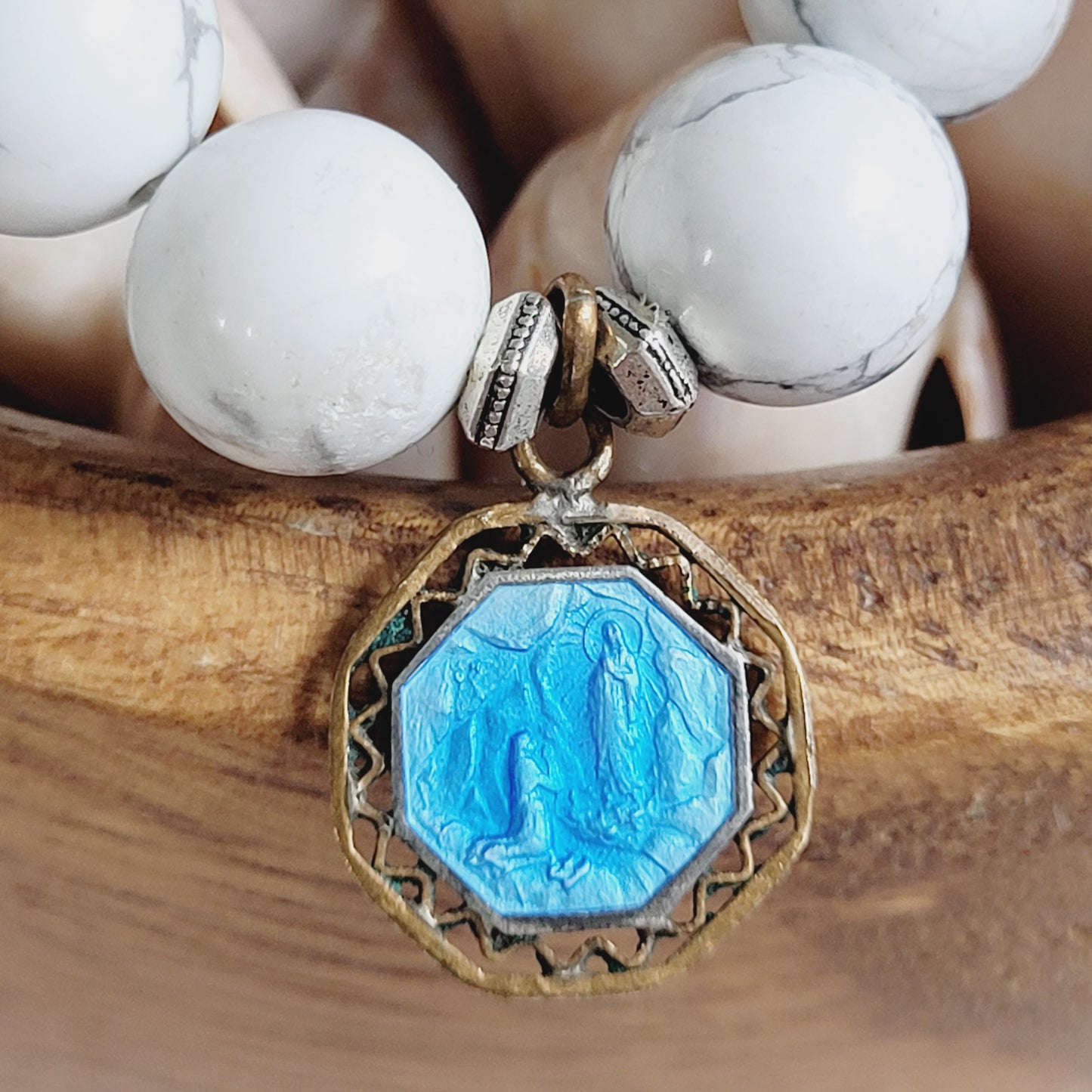 White Howlite 10mm Beaded Bracelet w/ Gold Plated Blue Enameled Medal of Our Lady of Lourdes