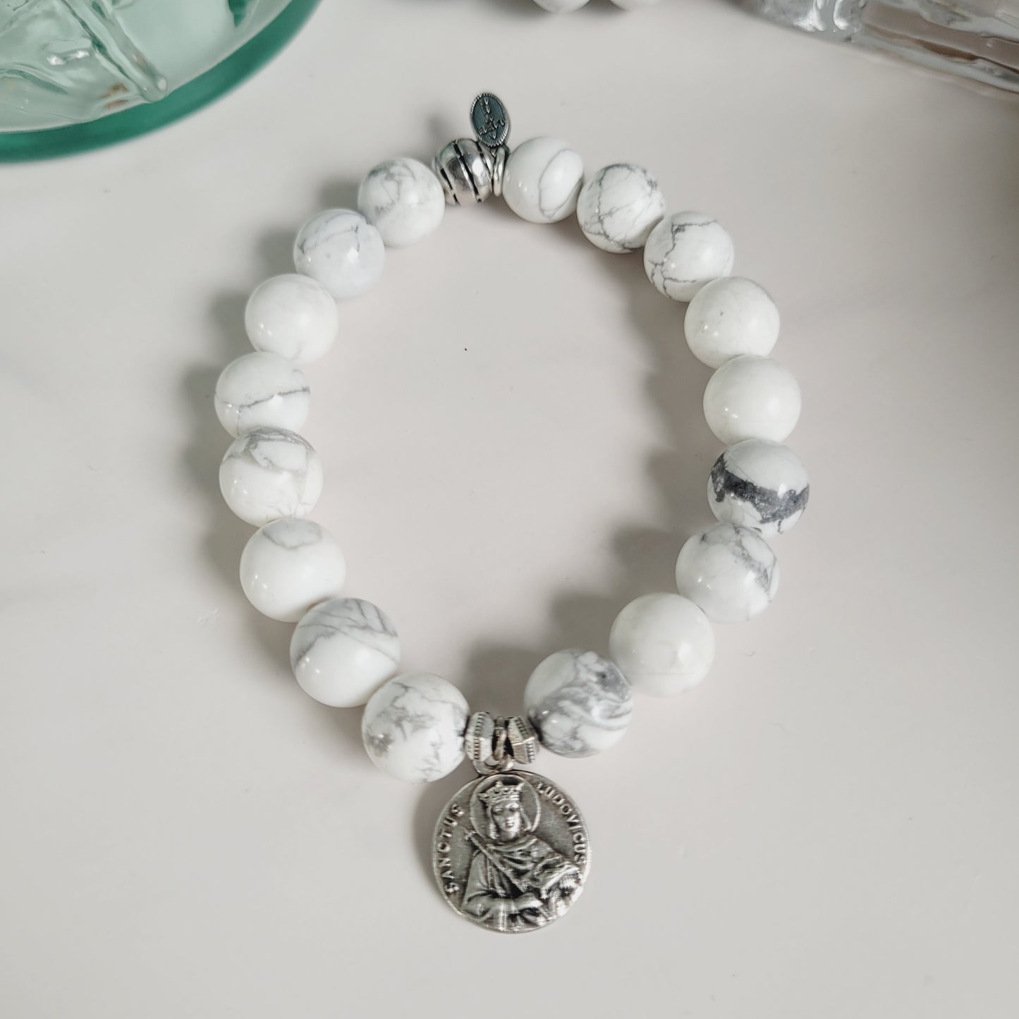 White Howlite 10mm Beaded Bracelet w/ Vintage Silver Plated Medal of St. Louis IX of France