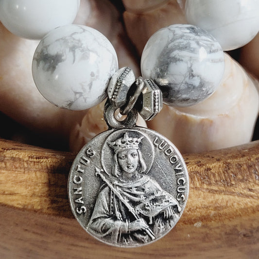 White Howlite 10mm Beaded Bracelet w/ Vintage Silver Plated Medal of St. Louis IX of France