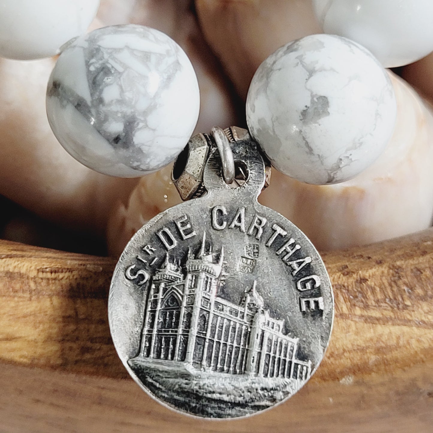 White Howlite 10mm Beaded Bracelet w/ Vintage Silver Plated Medal of St. Louis IX of France