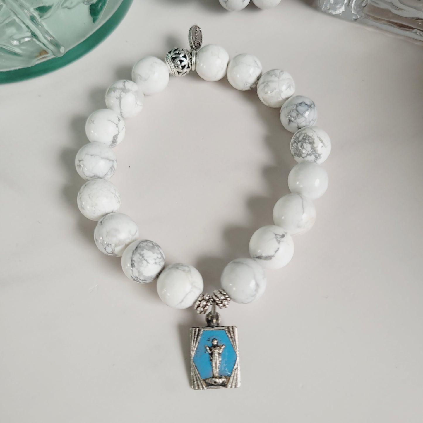 White Howlite 10mm Beaded Bracelet w/ Vintage Silver Plated Enameled Medal of Our Lady of Beauraing