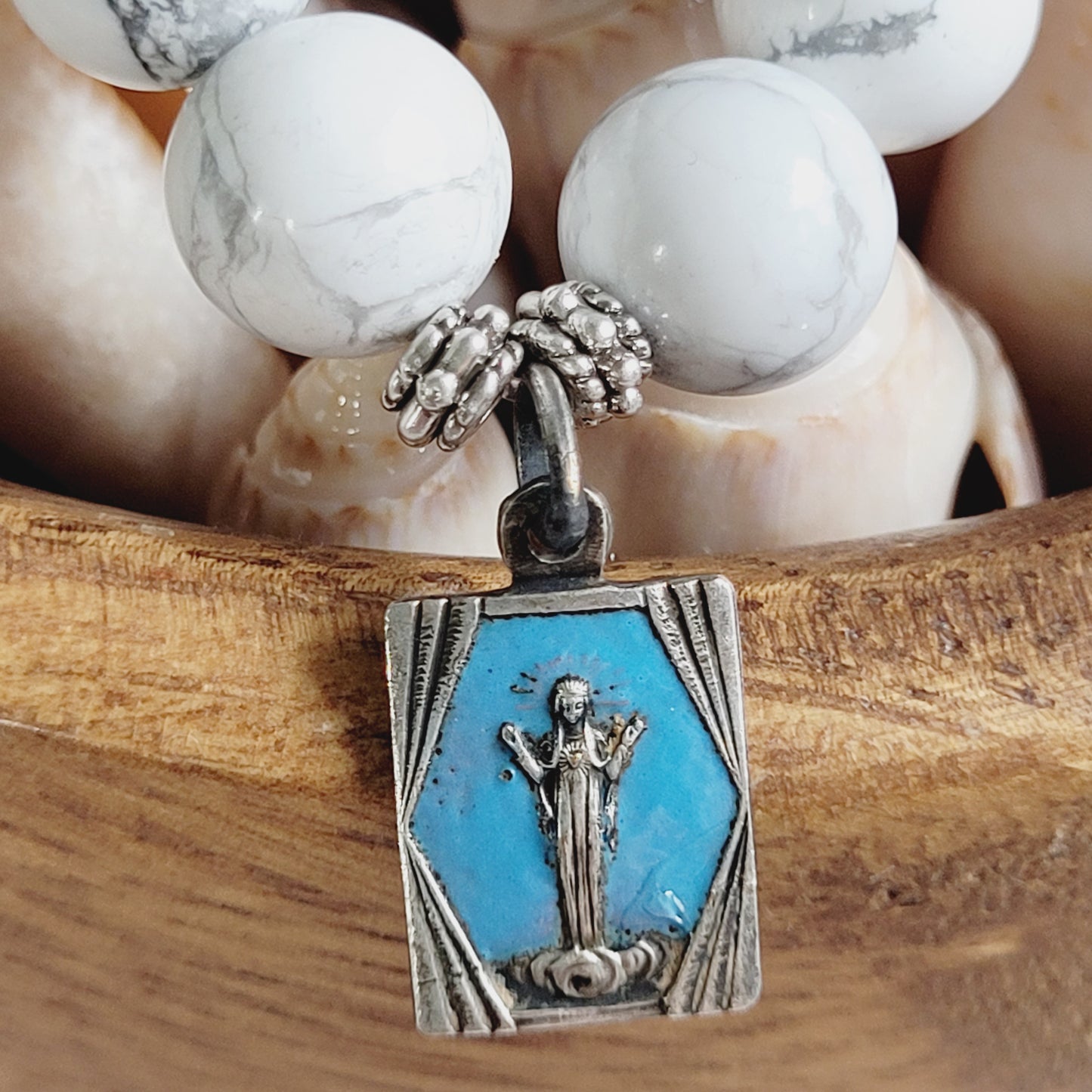 White Howlite 10mm Beaded Bracelet w/ Vintage Silver Plated Enameled Medal of Our Lady of Beauraing
