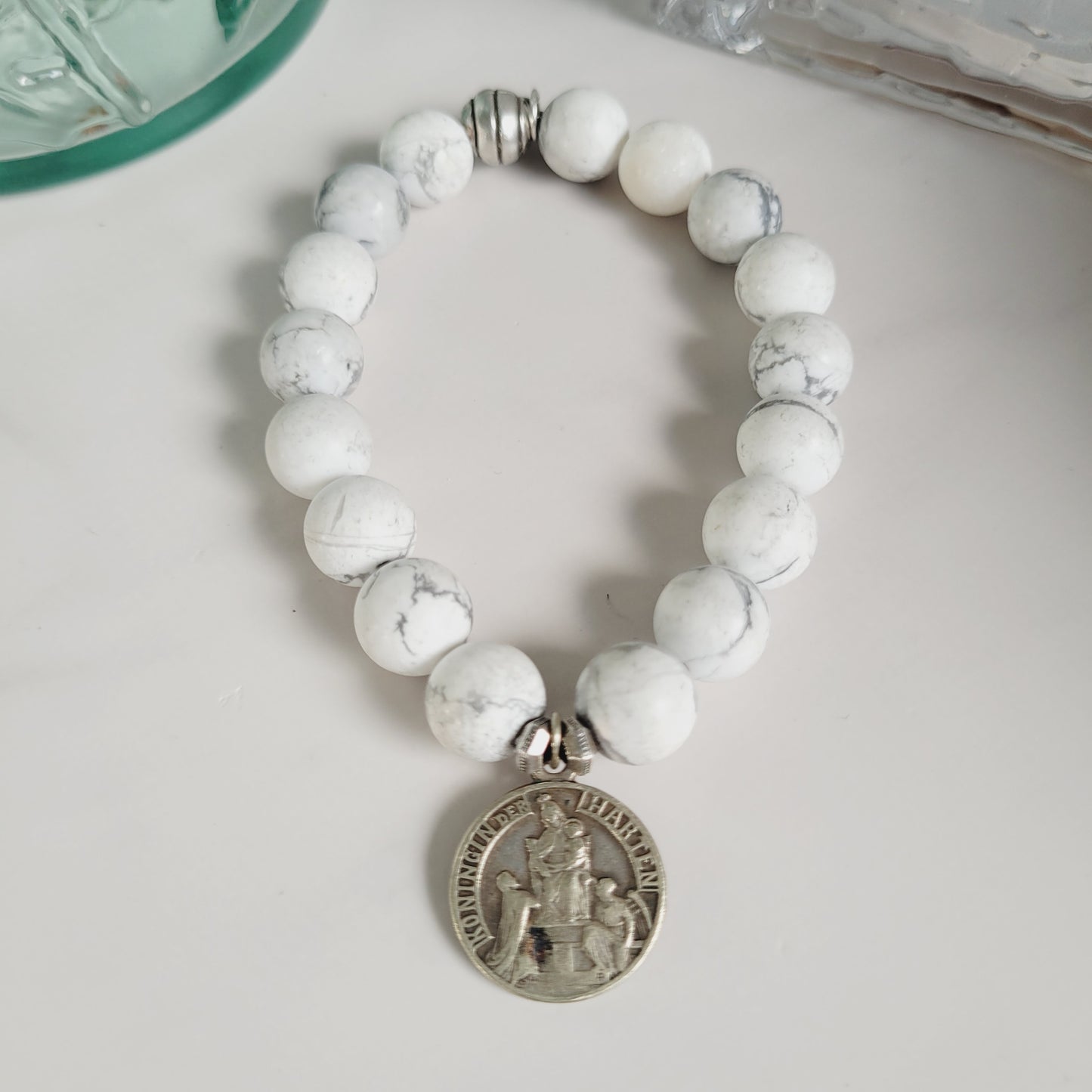 White Howlite Matte 10mm Beaded Bracelet w/ Vintage Silver Plated Signed Our Lady of Mount Carmel Medal & St. Louis De Montfort
