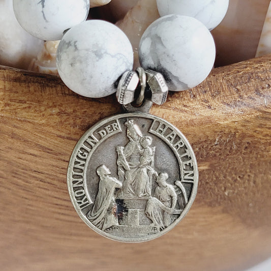 White Howlite Matte 10mm Beaded Bracelet w/ Vintage Silver Plated Signed Our Lady of Mount Carmel Medal & St. Louis De Montfort