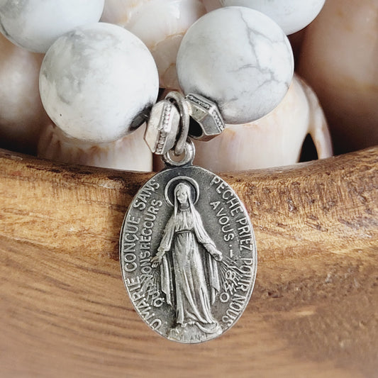 White Howlite Matte 10mm Beaded Bracelet w/ Heavy Silver Miraculous Medal from France