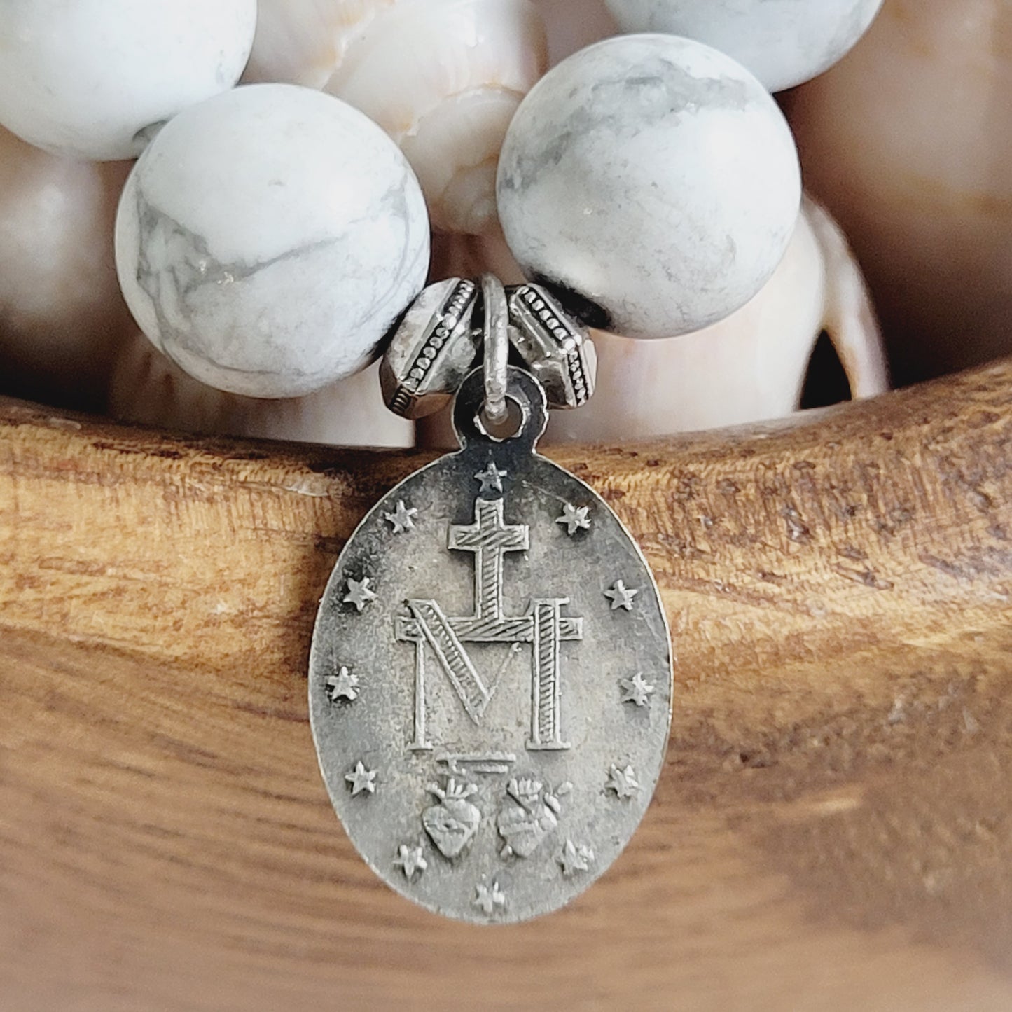White Howlite Matte 10mm Beaded Bracelet w/ Heavy Silver Miraculous Medal from France