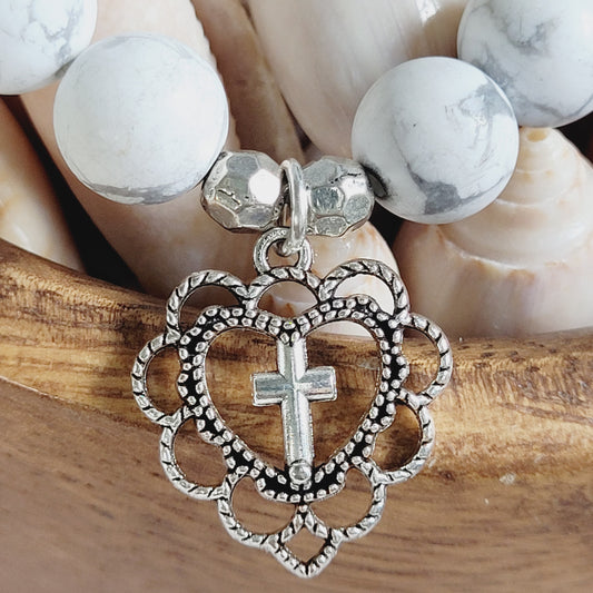 White Howlite Matte 10mm Beaded Bracelet w/ Silver Filagree Cross Heart