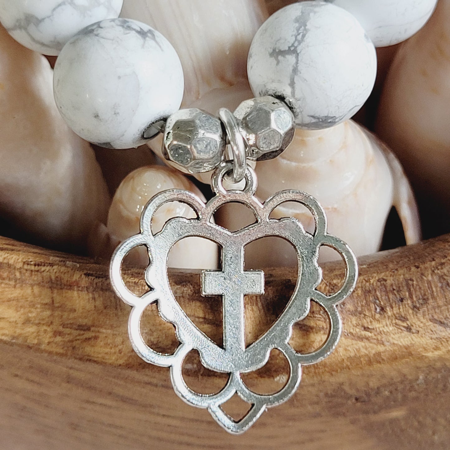 White Howlite Matte 10mm Beaded Bracelet w/ Silver Filagree Cross Heart