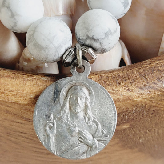 White Howlite Matte 10mm Beaded Bracelet w/ Silver Sacred Heart of Jesus Medal & Our Lady of Mount Carmel