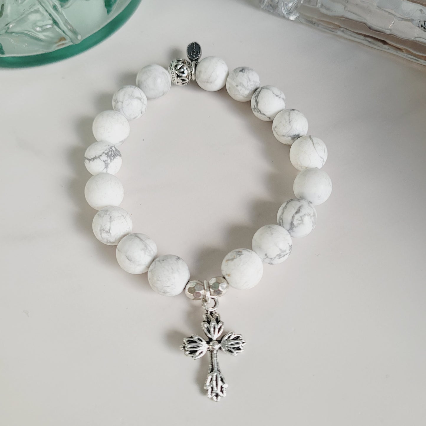 White Howlite Matte 10mm Beaded Bracelet w/ Silver Filagree Cross