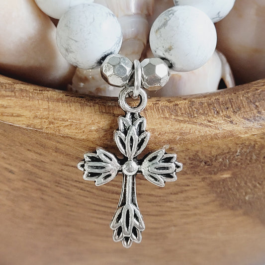 White Howlite Matte 10mm Beaded Bracelet w/ Silver Filagree Cross