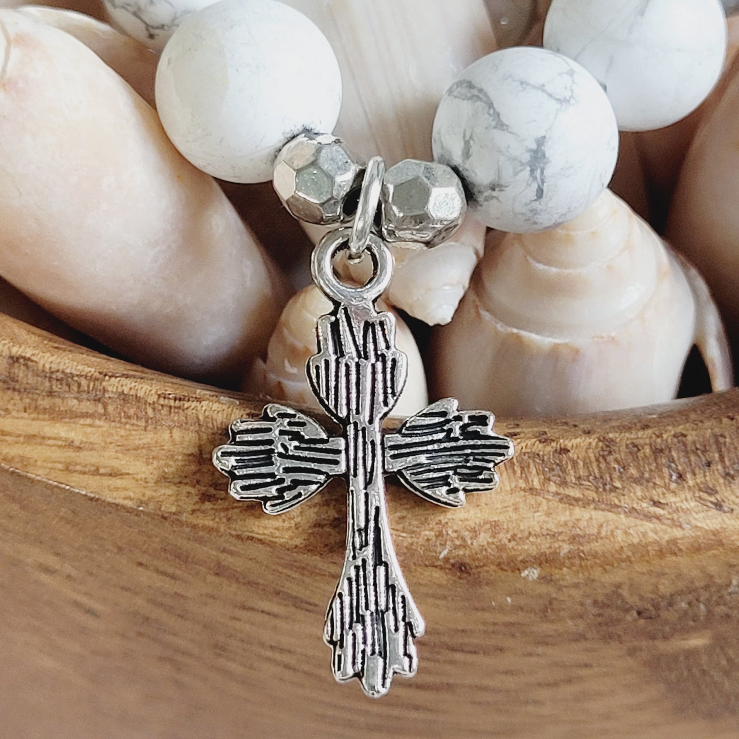 White Howlite Matte 10mm Beaded Bracelet w/ Silver Filagree Cross