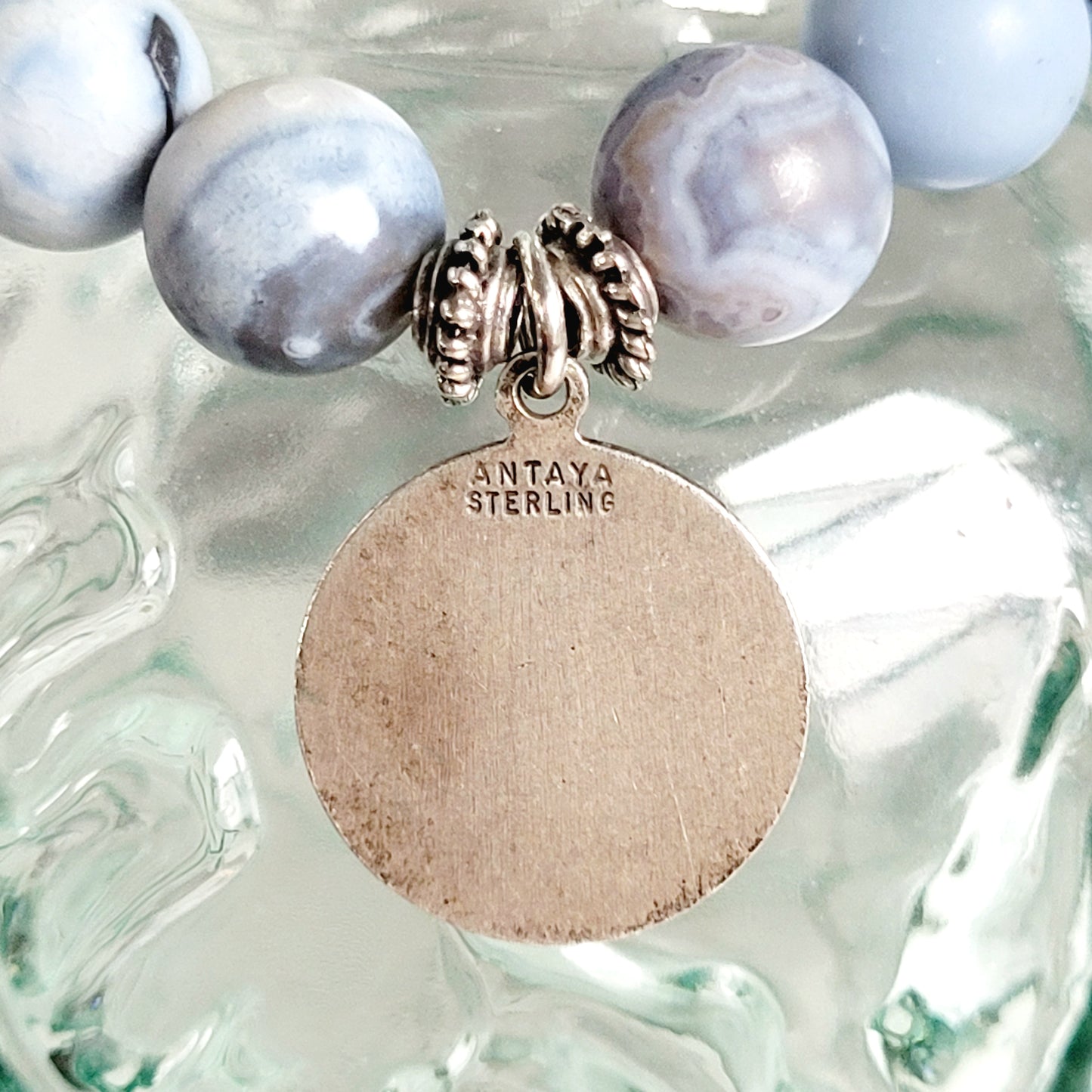 Storm Line Agate Light Matte 10mm Beaded Bracelet w/ Signed Sterling Silver Medal of St. Louise