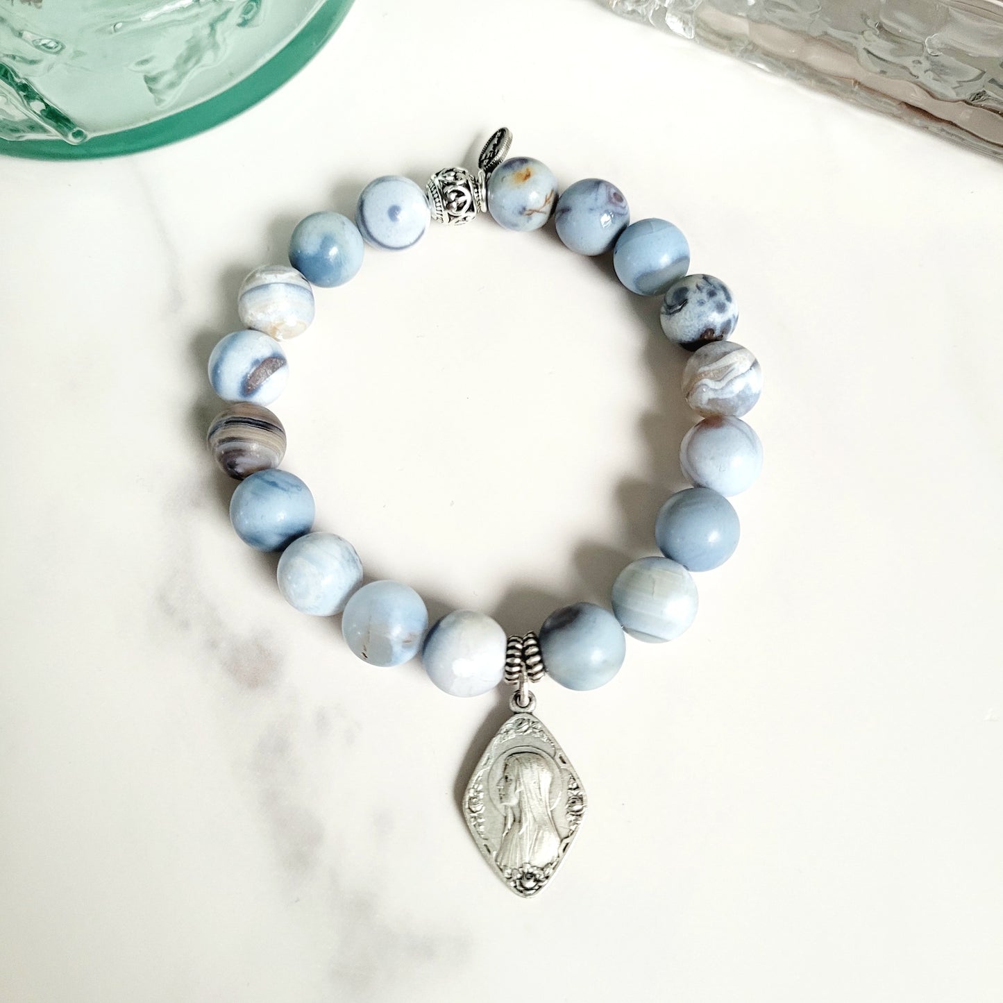 Storm Line Agate Light Matte 10mm Beaded Bracelet w/ Vintage Silver Plated Medal of Our Lady of Lourdes