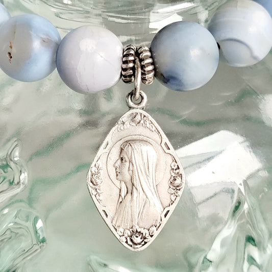 Storm Line Agate Light Matte 10mm Beaded Bracelet w/ Vintage Silver Plated Medal of Our Lady of Lourdes