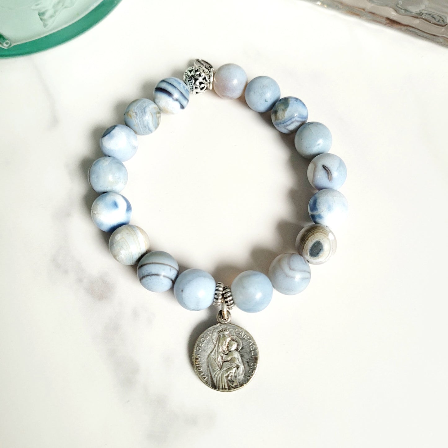Storm Line Agate Light Matte 10mm Beaded Bracelet w/ Signed Silver Plated Medal of Our Lady of Mount Carmel & Sacred Heart of Jesus