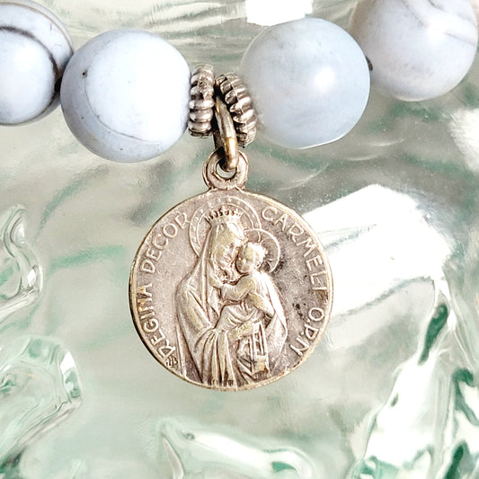 Storm Line Agate Light Matte 10mm Beaded Bracelet w/ Signed Silver Plated Medal of Our Lady of Mount Carmel & Sacred Heart of Jesus