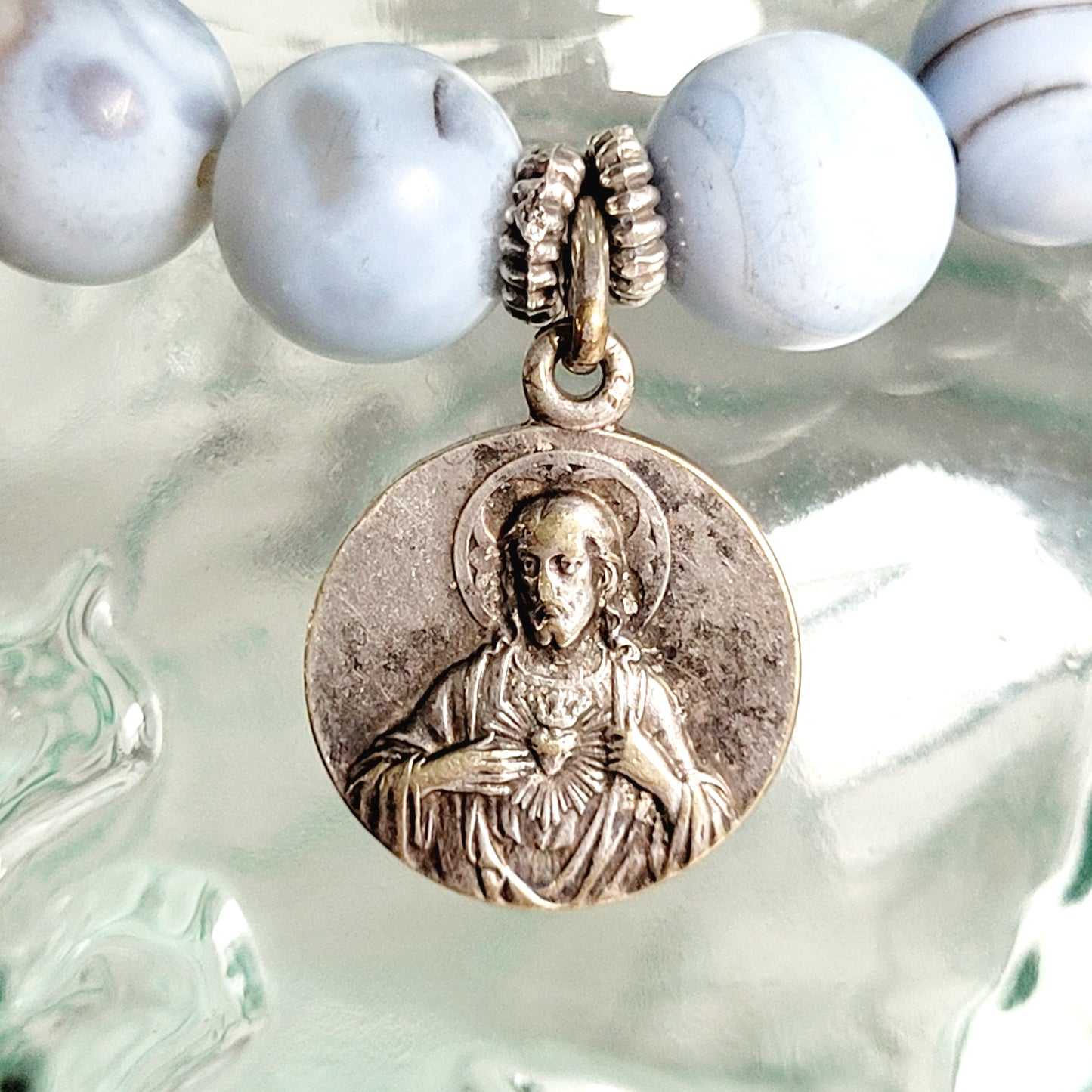 Storm Line Agate Light Matte 10mm Beaded Bracelet w/ Signed Silver Plated Medal of Our Lady of Mount Carmel & Sacred Heart of Jesus