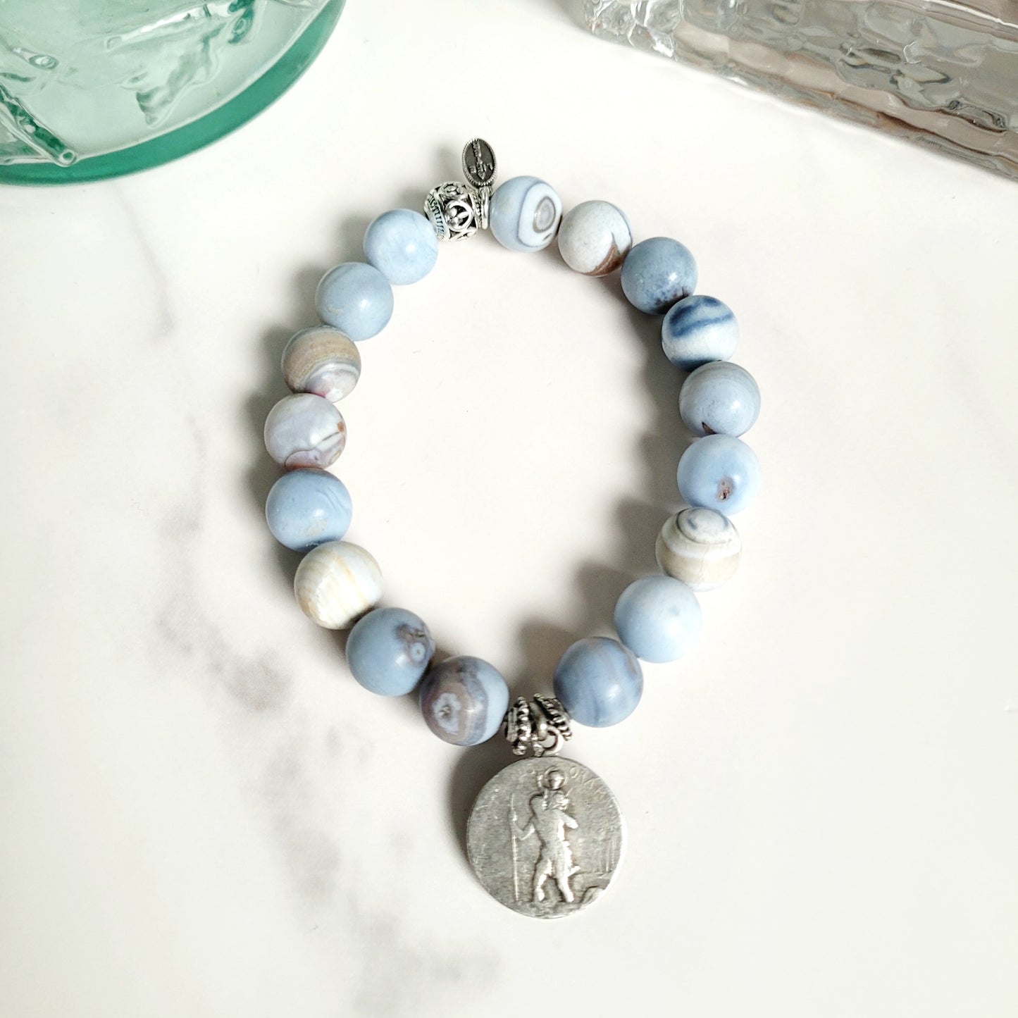 Storm Line Agate Light Matte 10mm Beaded Bracelet w/ Silver Plated Medal of St. Christopher
