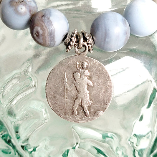 Storm Line Agate Light Matte 10mm Beaded Bracelet w/ Silver Plated Medal of St. Christopher