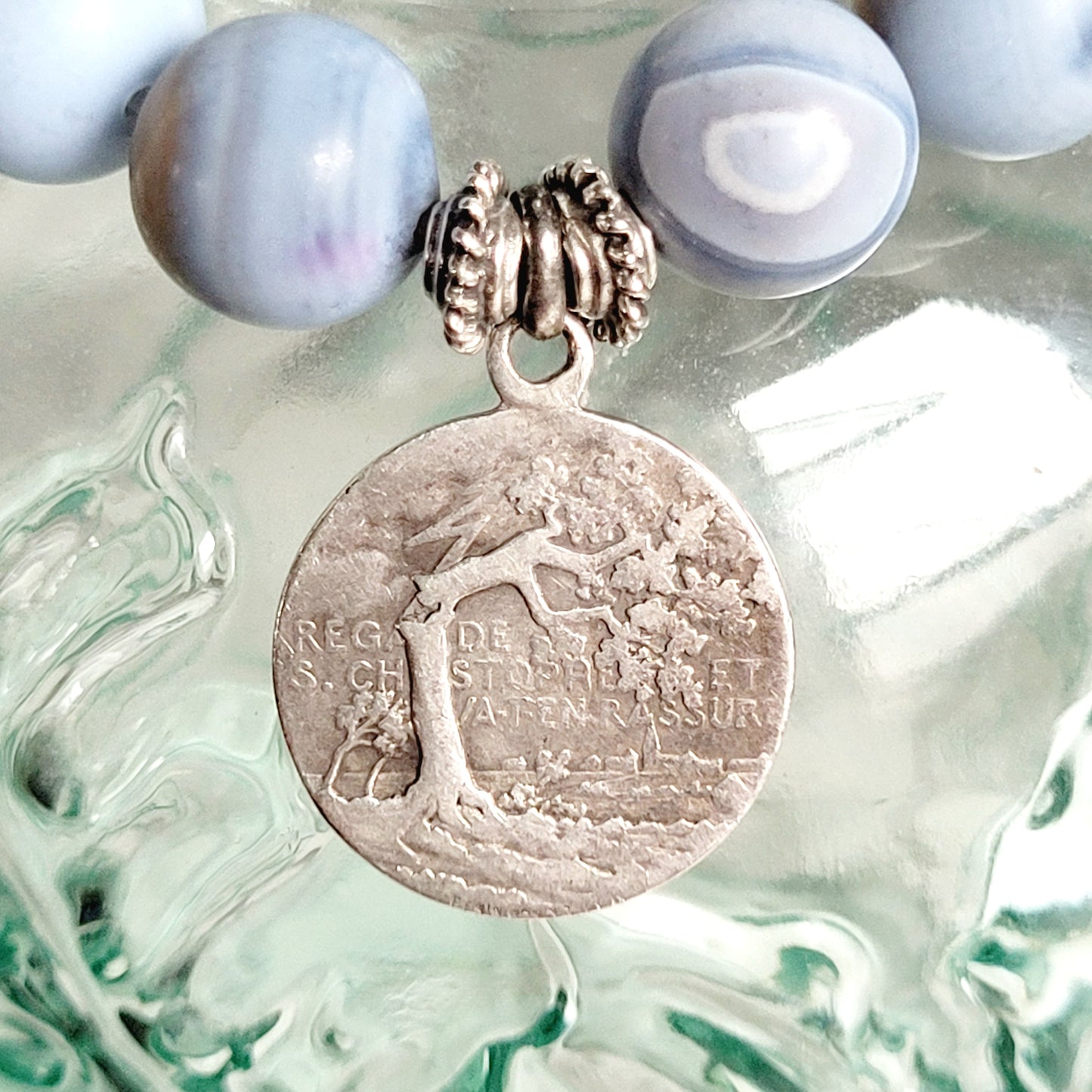 Storm Line Agate Light Matte 10mm Beaded Bracelet w/ Silver Plated Medal of St. Christopher