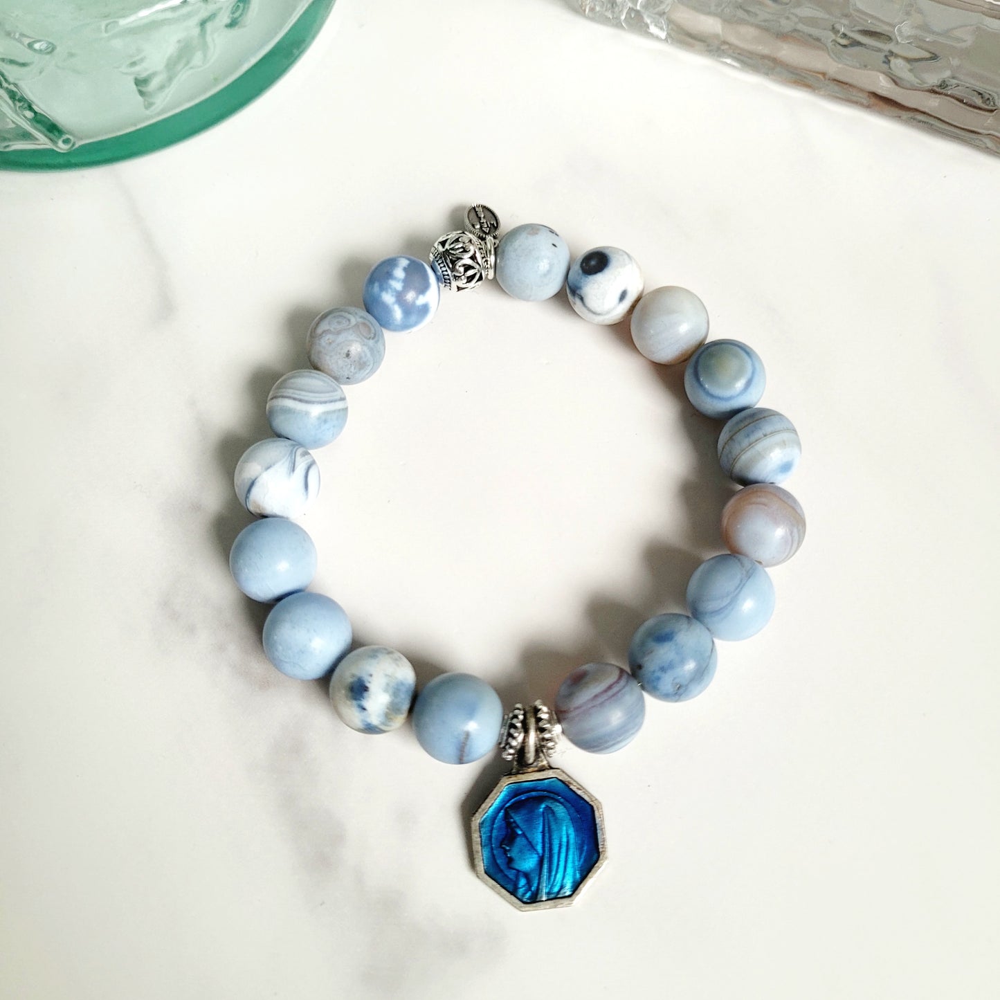 Storm Line Agate Light Matte 10mm Beaded Bracelet w/ Silver Plated with Blue Enamel Our Lady of Lourdes