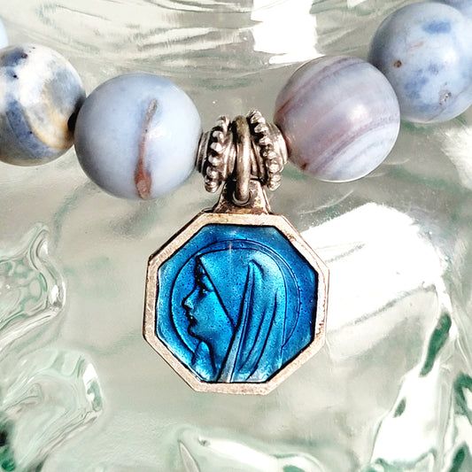 Storm Line Agate Light Matte 10mm Beaded Bracelet w/ Silver Plated with Blue Enamel Our Lady of Lourdes