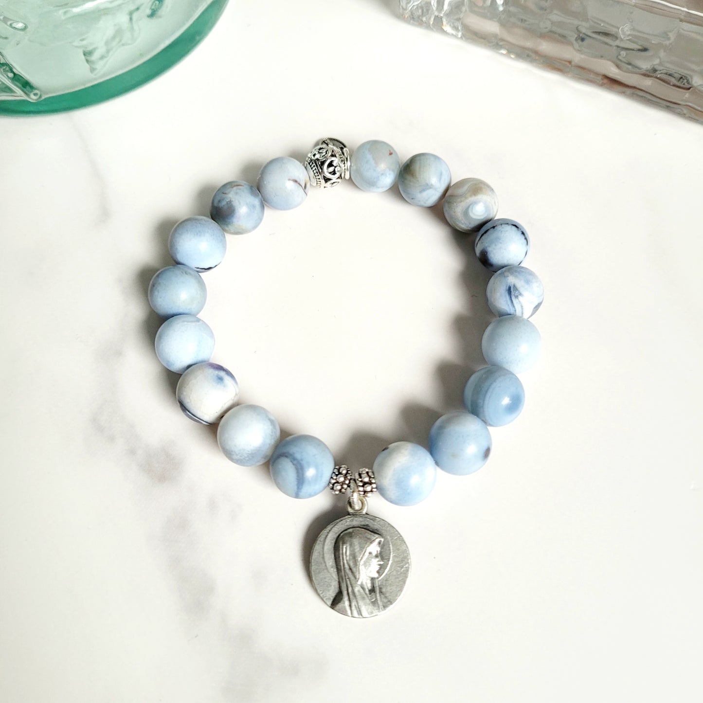 Storm Line Agate Light Matte 10mm Beaded Bracelet w/ Silver Plated Medal of Our Lady of Lourdes
