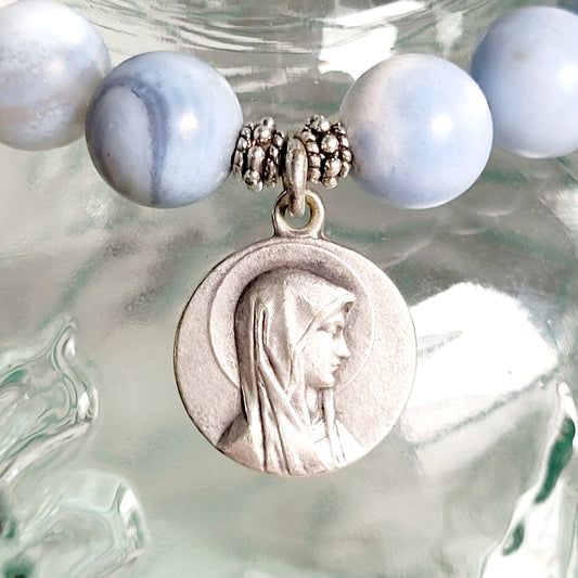 Storm Line Agate Light Matte 10mm Beaded Bracelet w/ Silver Plated Medal of Our Lady of Lourdes