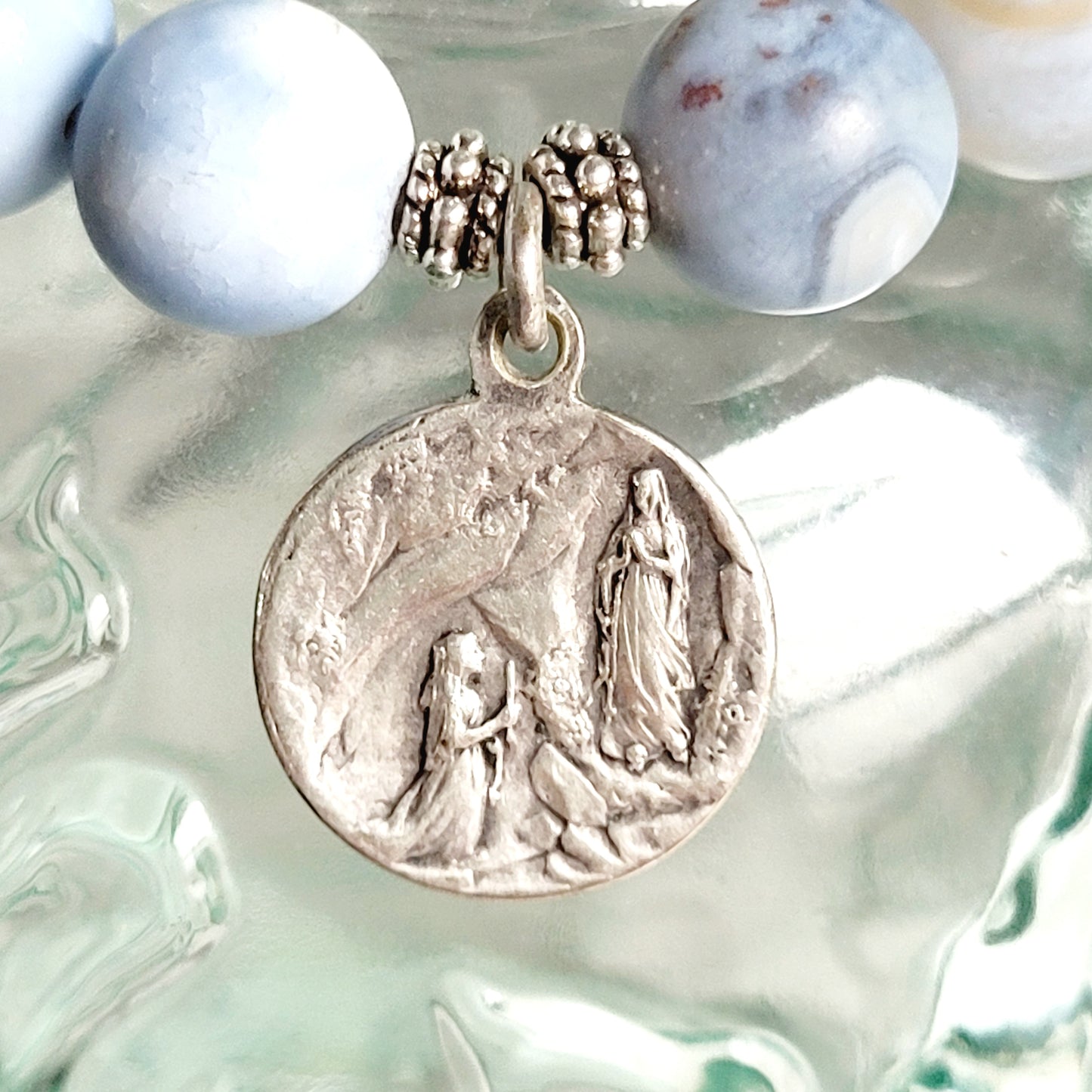 Storm Line Agate Light Matte 10mm Beaded Bracelet w/ Silver Plated Medal of Our Lady of Lourdes