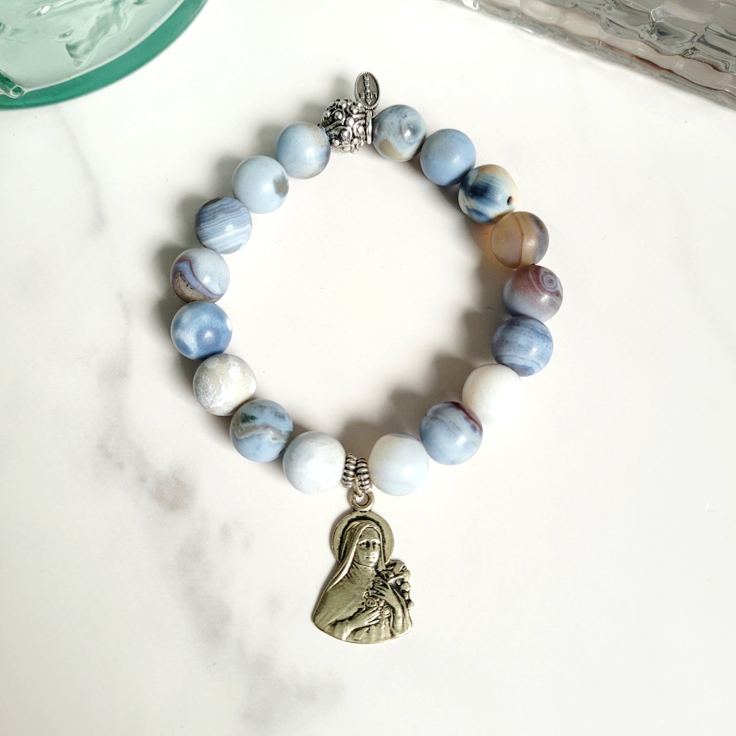 Storm Line Agate Light Matte 10mm Beaded Bracelet w/ Silver Plated Medal of St. Therese of Lisieux