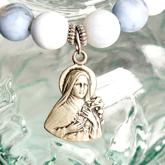 Storm Line Agate Light Matte 10mm Beaded Bracelet w/ Silver Plated Medal of St. Therese of Lisieux