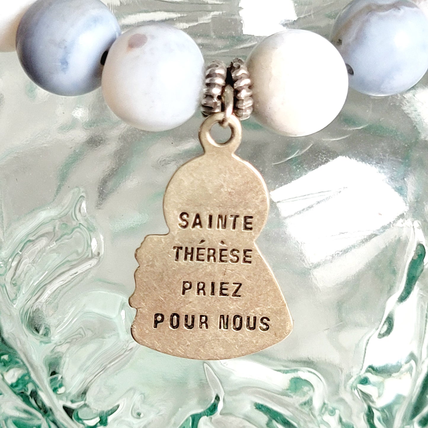 Storm Line Agate Light Matte 10mm Beaded Bracelet w/ Silver Plated Medal of St. Therese of Lisieux