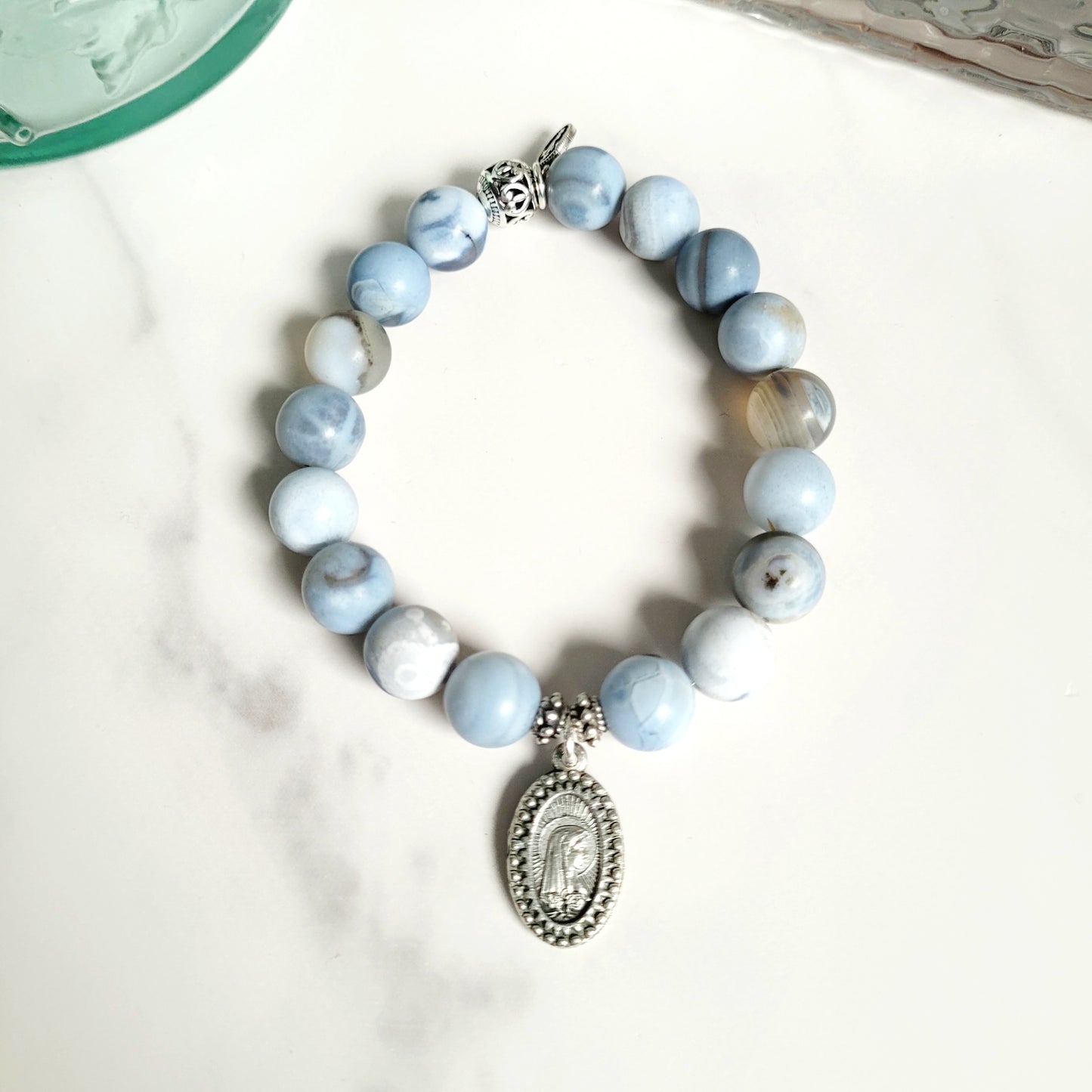 Storm Line Agate Light Matte 10mm Beaded Bracelet w/ Silver Plated Beaded Medal of Our Lady of Lourdes from Italy