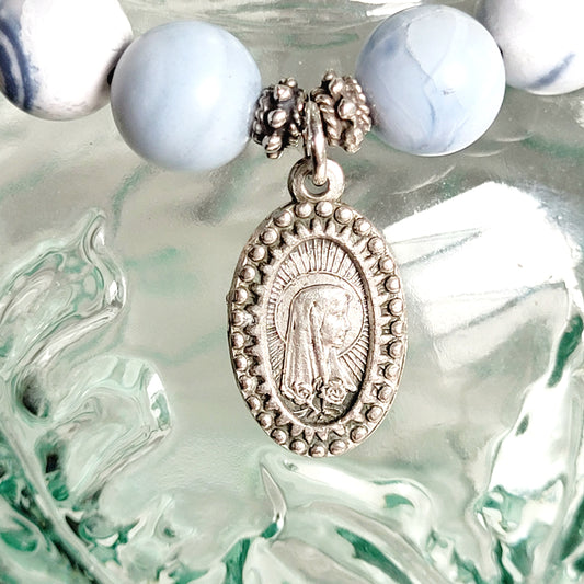 Storm Line Agate Light Matte 10mm Beaded Bracelet w/ Silver Plated Beaded Medal of Our Lady of Lourdes from Italy