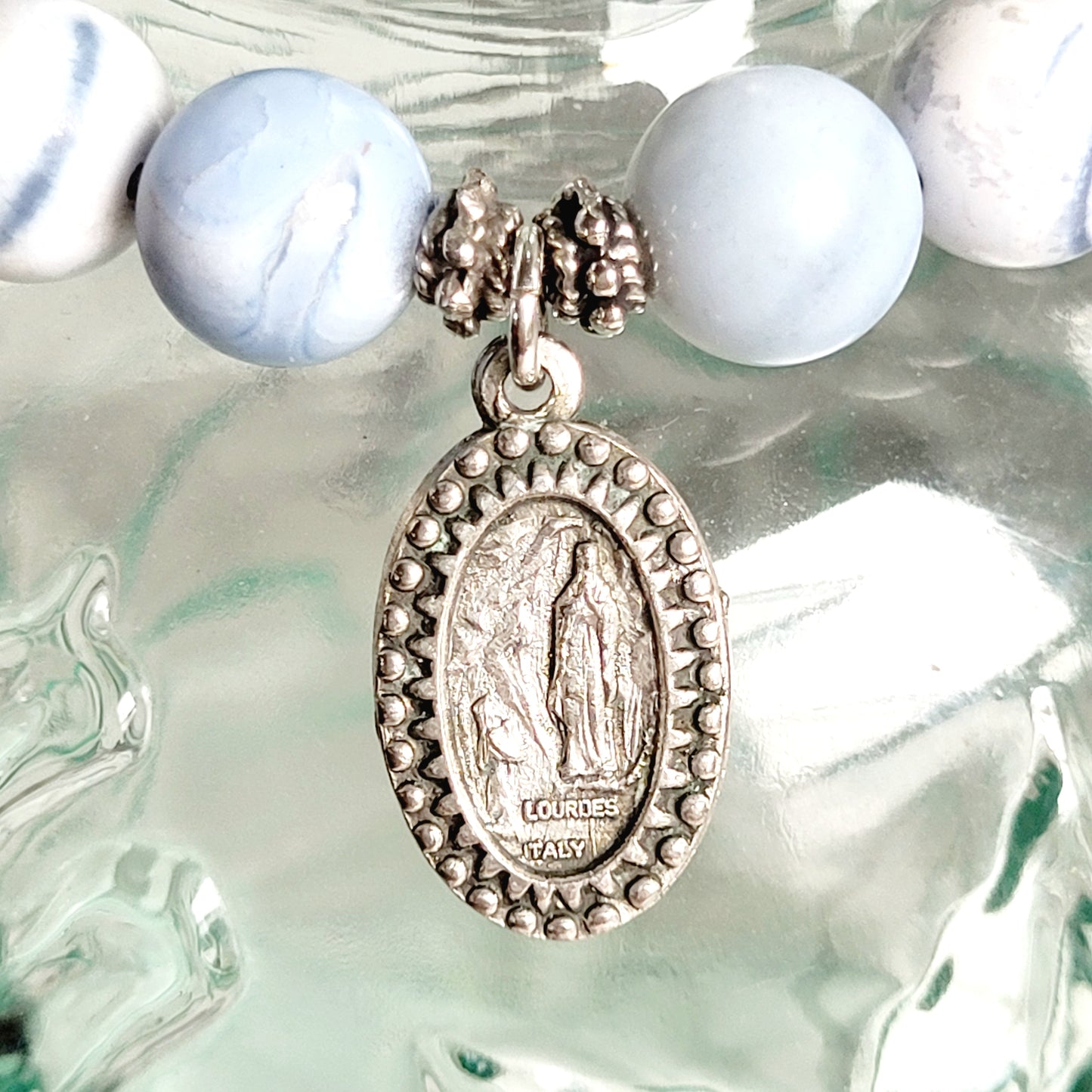 Storm Line Agate Light Matte 10mm Beaded Bracelet w/ Silver Plated Beaded Medal of Our Lady of Lourdes from Italy