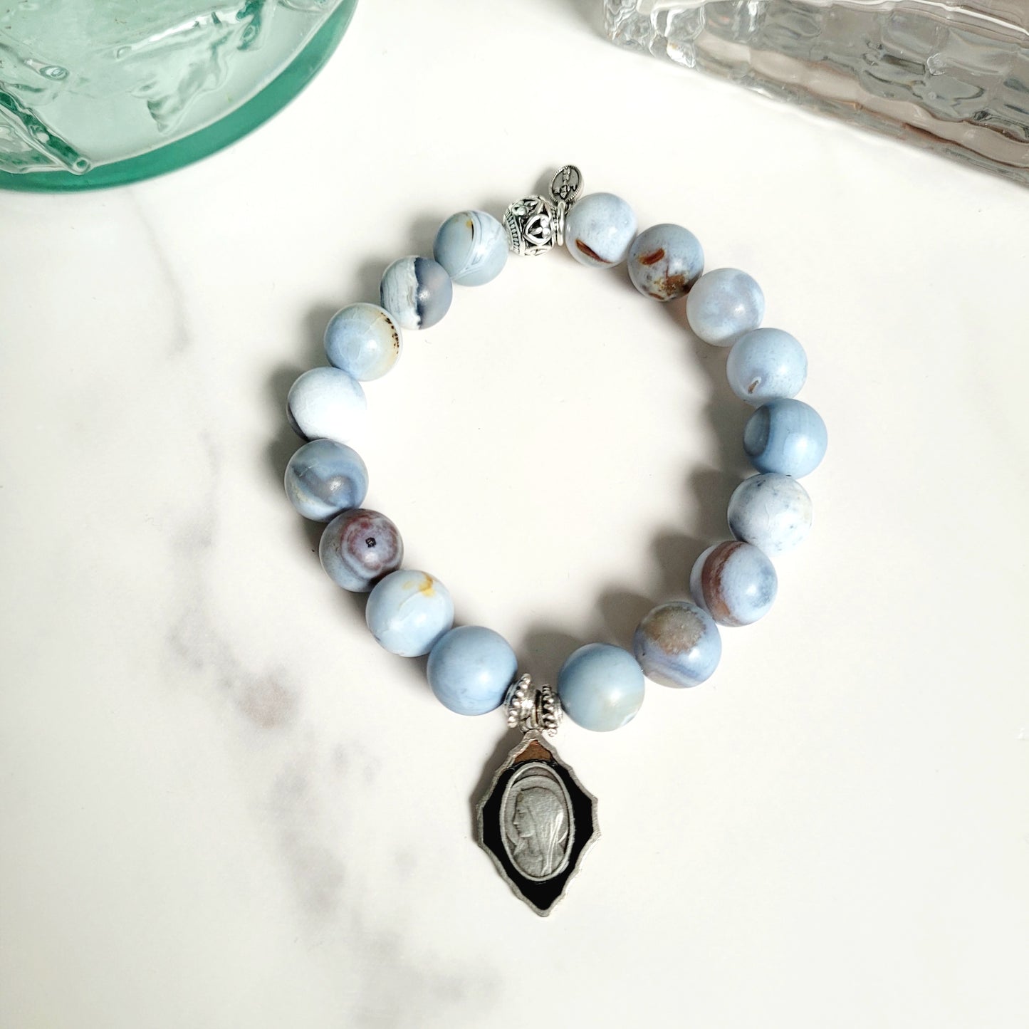 Storm Line Agate Light Matte 10mm Beaded Bracelet w/ Silver Plated Enamel Vintage Medal of Our Lady of Lourdes