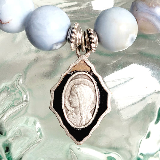 Storm Line Agate Light Matte 10mm Beaded Bracelet w/ Silver Plated Enamel Vintage Medal of Our Lady of Lourdes