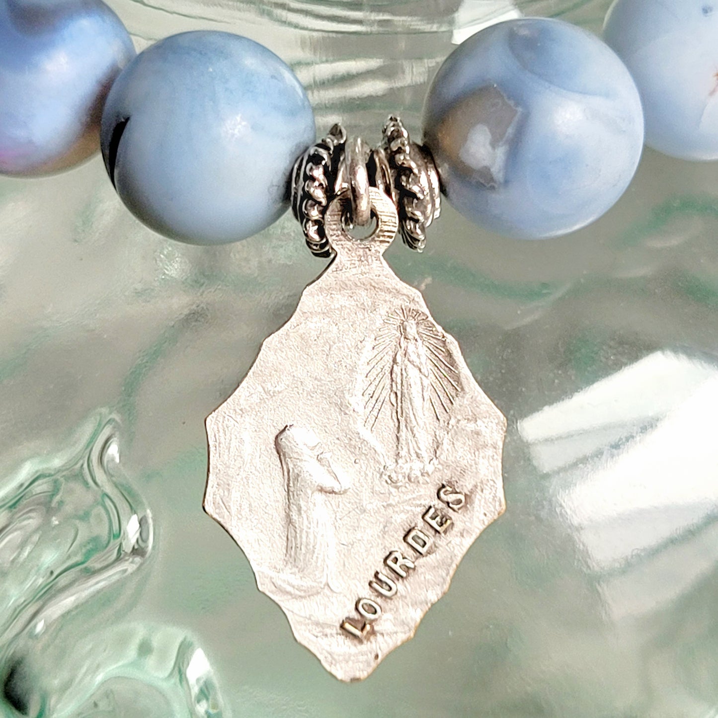 Storm Line Agate Light Matte 10mm Beaded Bracelet w/ Silver Plated Enamel Vintage Medal of Our Lady of Lourdes