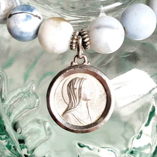 Storm Line Agate Light Matte 10mm Beaded Bracelet w/ Large Silver Plated Medal of Our Lady of Lourdes