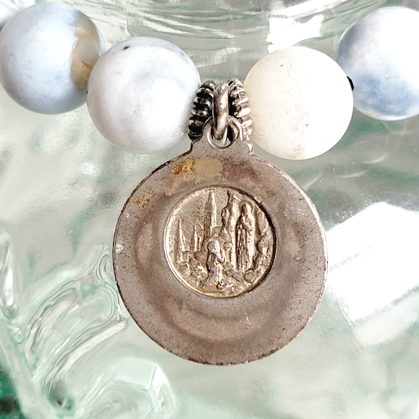 Storm Line Agate Light Matte 10mm Beaded Bracelet w/ Large Silver Plated Medal of Our Lady of Lourdes